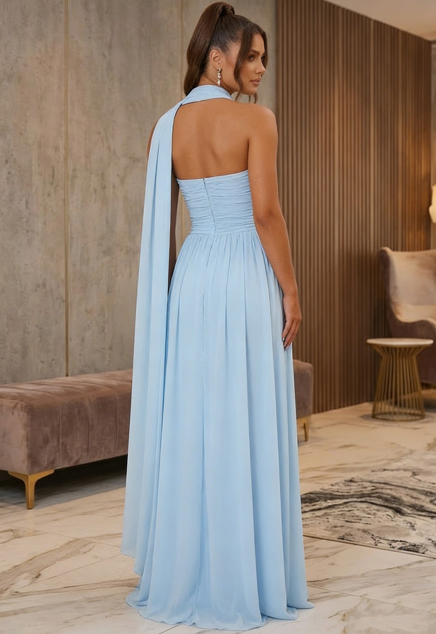 Strapless Chiffon Prom Dresses with Scarf Floor-Length Sleeveless Pleated