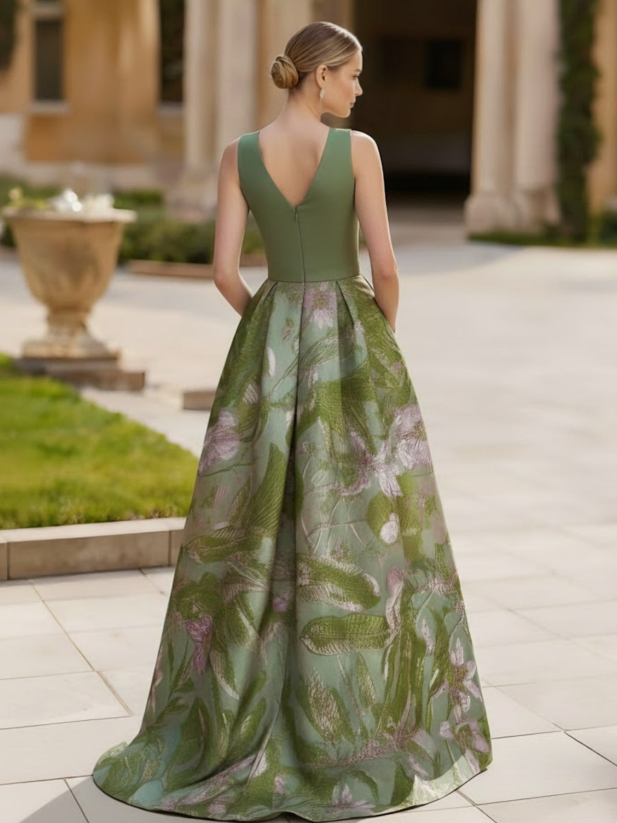 V-Neck Satin Evening Dresses Sleeveless Floral Floor-Length Party Dress with Split Side