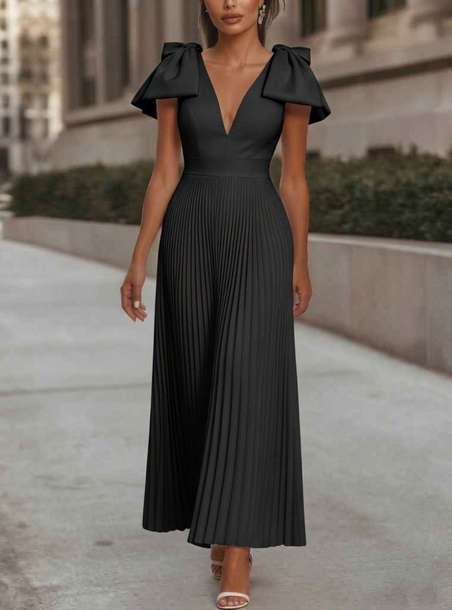 V-Neck Chiffon Cocktail Dresses Ankle-Length Sleeveless with Bowknot Formal Dress