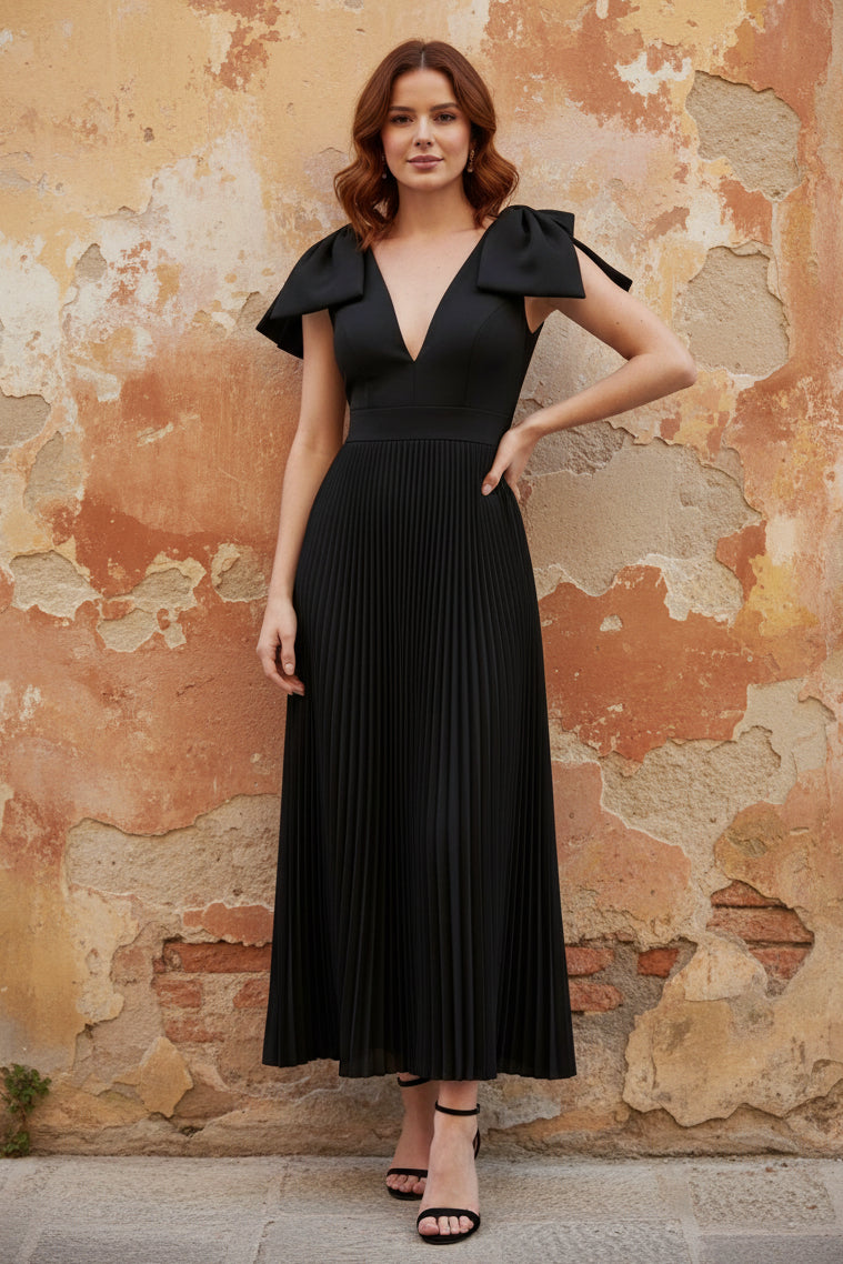 V-Neck Chiffon Cocktail Dresses Ankle-Length Sleeveless with Bowknot Formal Dress