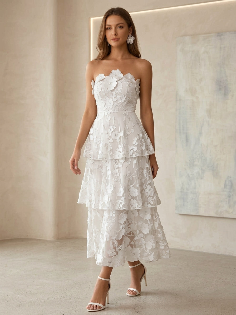 Strapless Lace Cocktail Dresses Tea-Length Sleeveless Ruffles Floral Formal Dresses