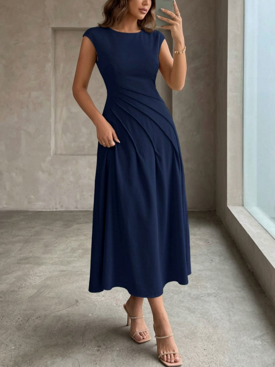 Scoop Stretch Satin Cocktail Dresses Sleeveless Tea-Length Ruched Formal Dresses