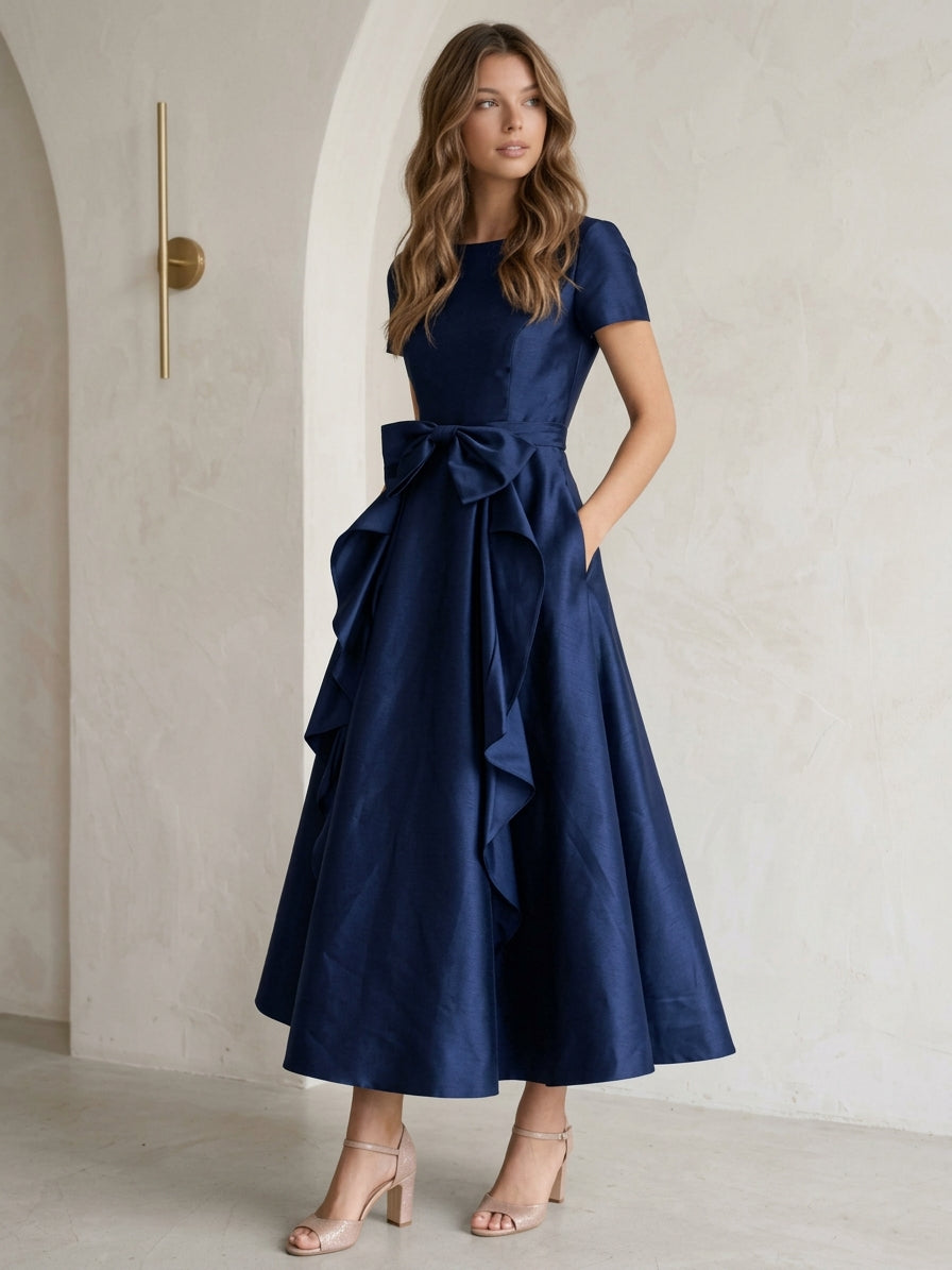 Scoop Satin Cocktail Dresses with Bowknot Short Sleeves Tea-Length Formal Dresses
