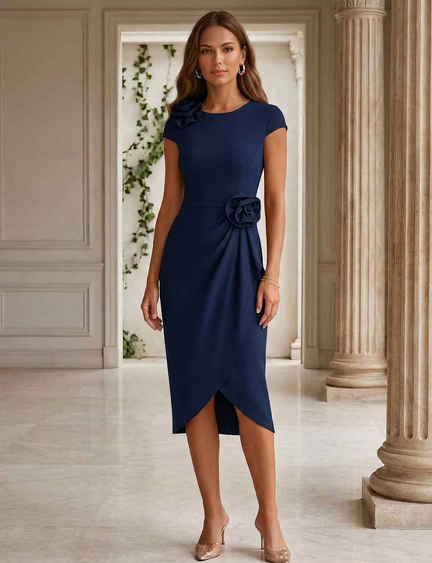 Scoop Stretch Satin Cocktail Dresses with 3D Flower Short Sleeves Tea-Length Formal Dresses