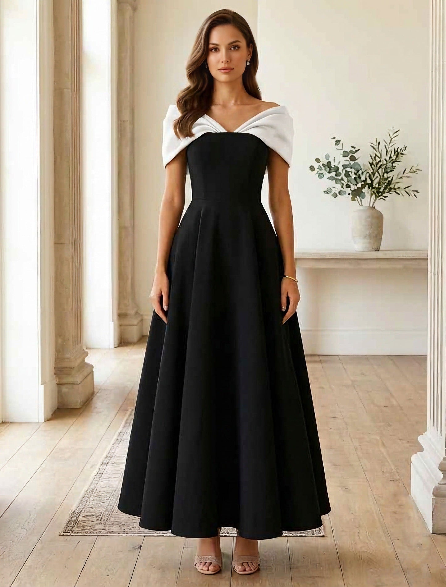 Off-the-Shoulder Stretch Satin Cocktail Dresses Satin Sleeveless Ankle-Length Formal Dresses