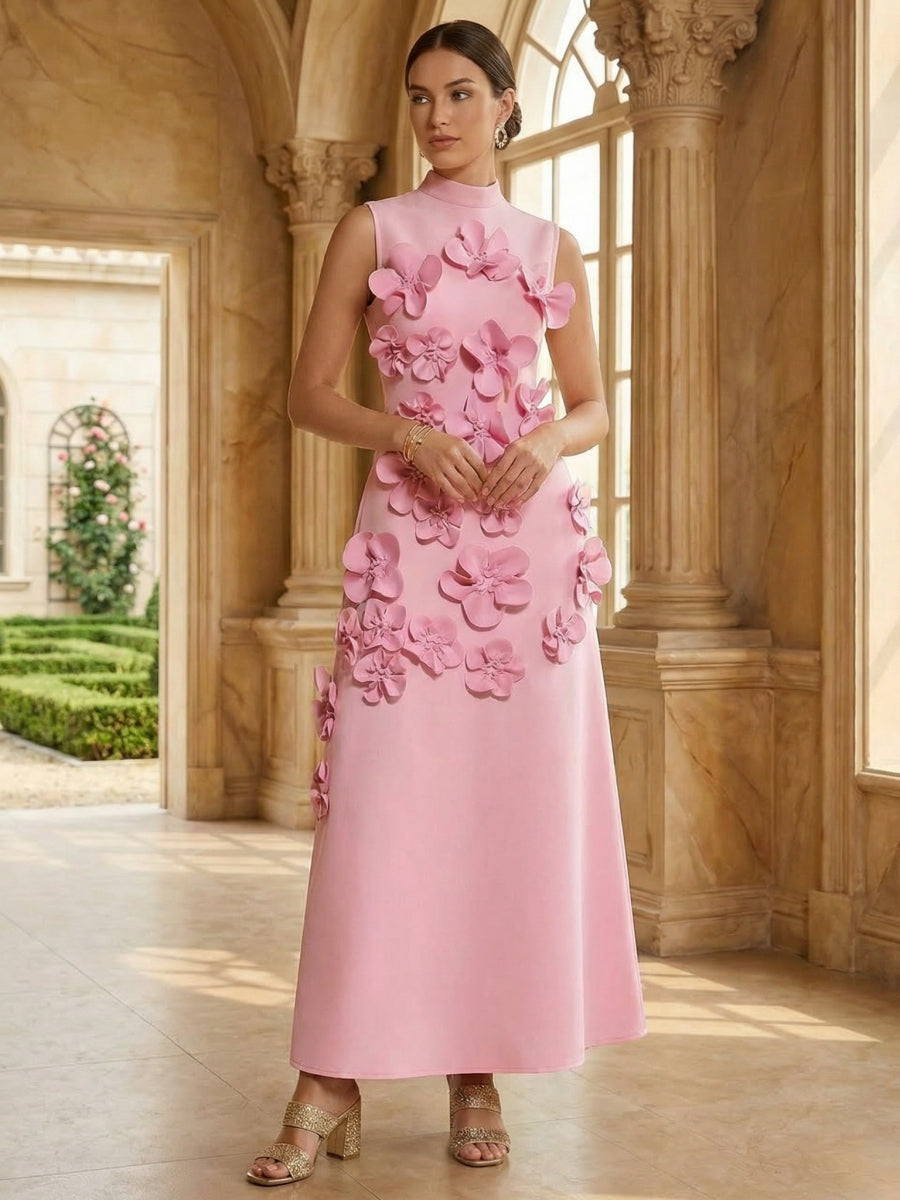 High Neck Stretch Satin Cocktail Dresses with 3D Flower Sleeveless Ankle-Length Formal Dresses