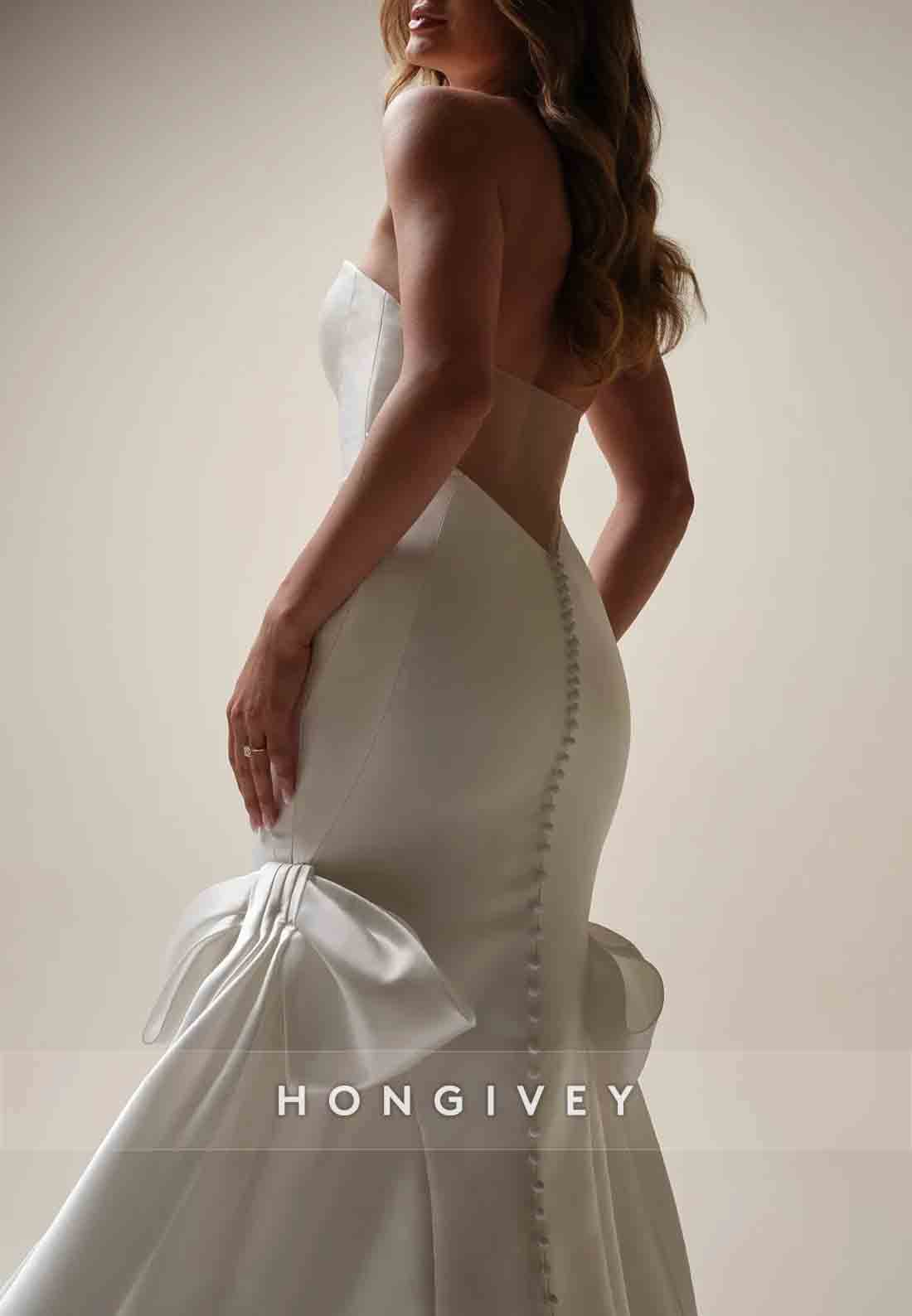 Satin Strapless Backless Mermaid Sweetheart Wedding Dresses with Bowknot