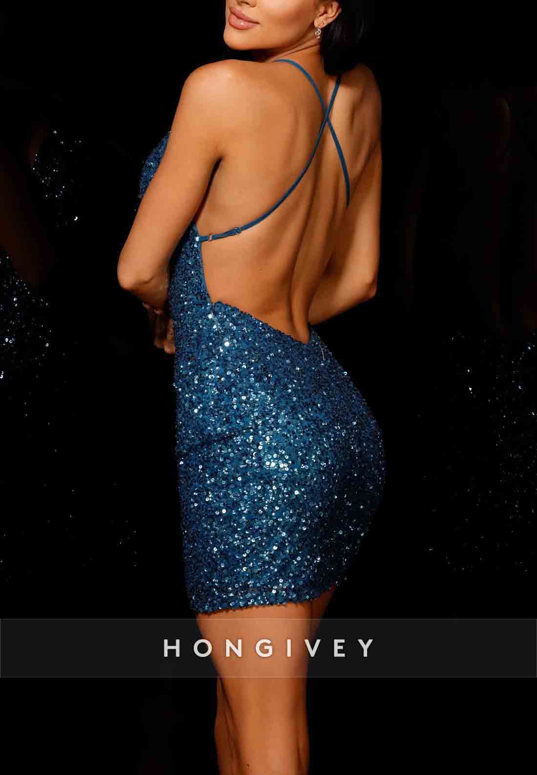 Halter Sequined Crisscross Back Glitter Sleeveless Sheath Mini Homecoming Dresses