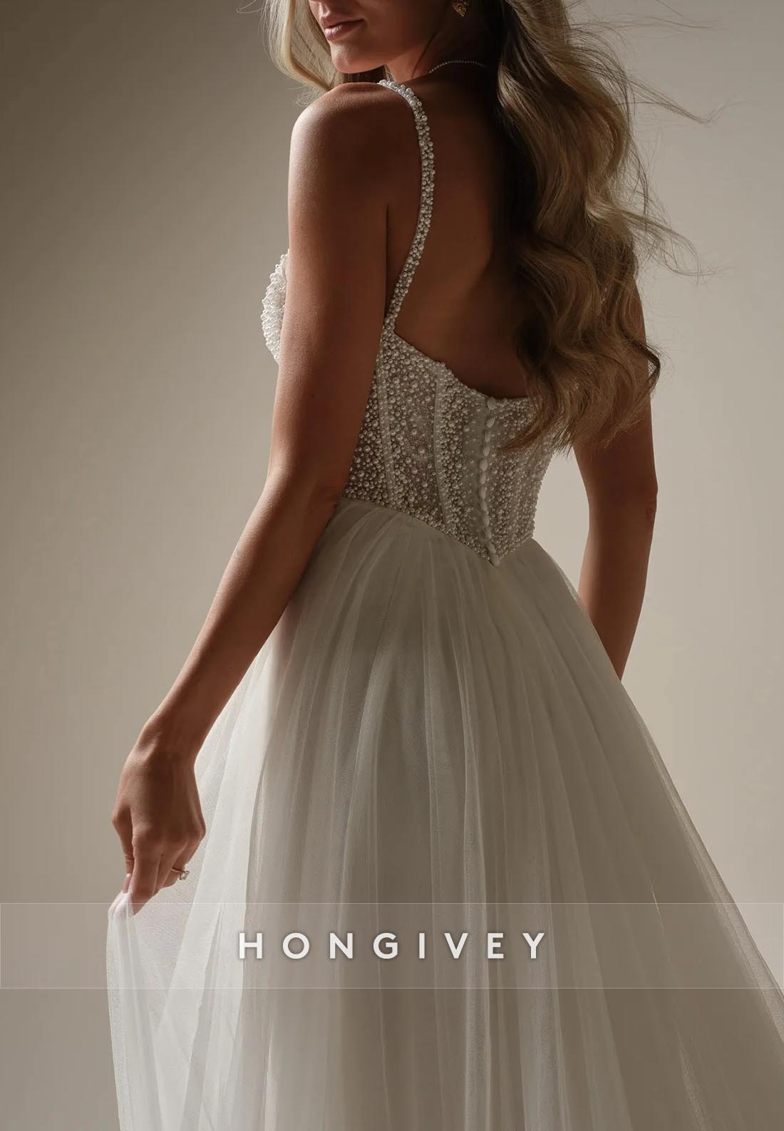 Low Back Beading Spaghetti Straps Tulle Sweetheart Chapel Train Princess Boho Wedding Dresses