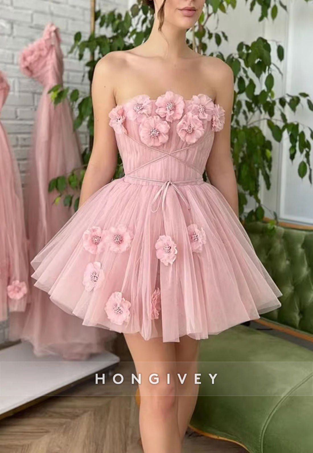 A-Line Blushing Pink Strapless Short Empire Homecoming Dress with 3D Flowers