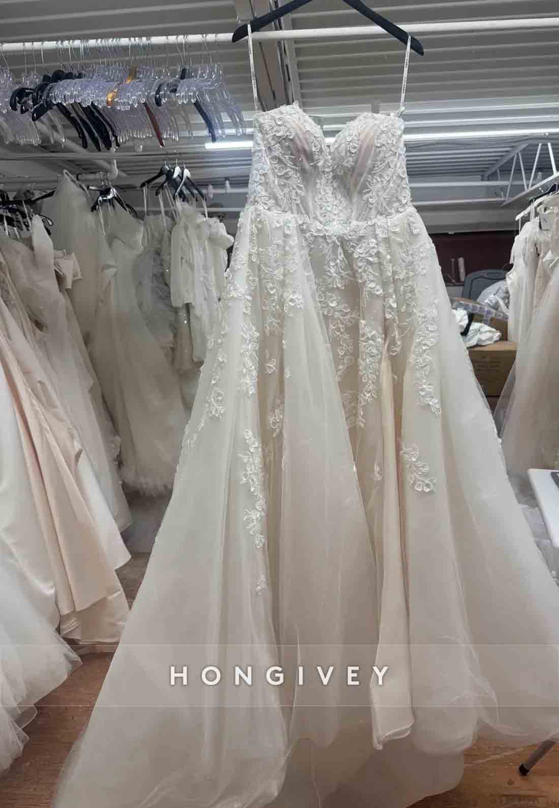 Sweetheart Strapless A-Line Appliqued Pearls Tulle Sweep Train Wedding Dresses