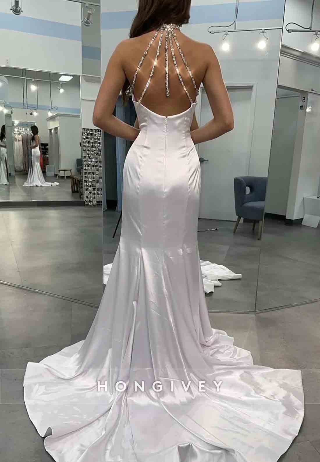 Satin Halter Neck Court Train Mermaid Long Cut out Back Beaded Prom Gowns