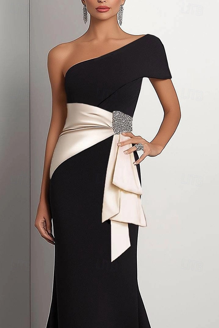 Black One Shoulder Half Sleeve Beaded Mermaid Evening Dress