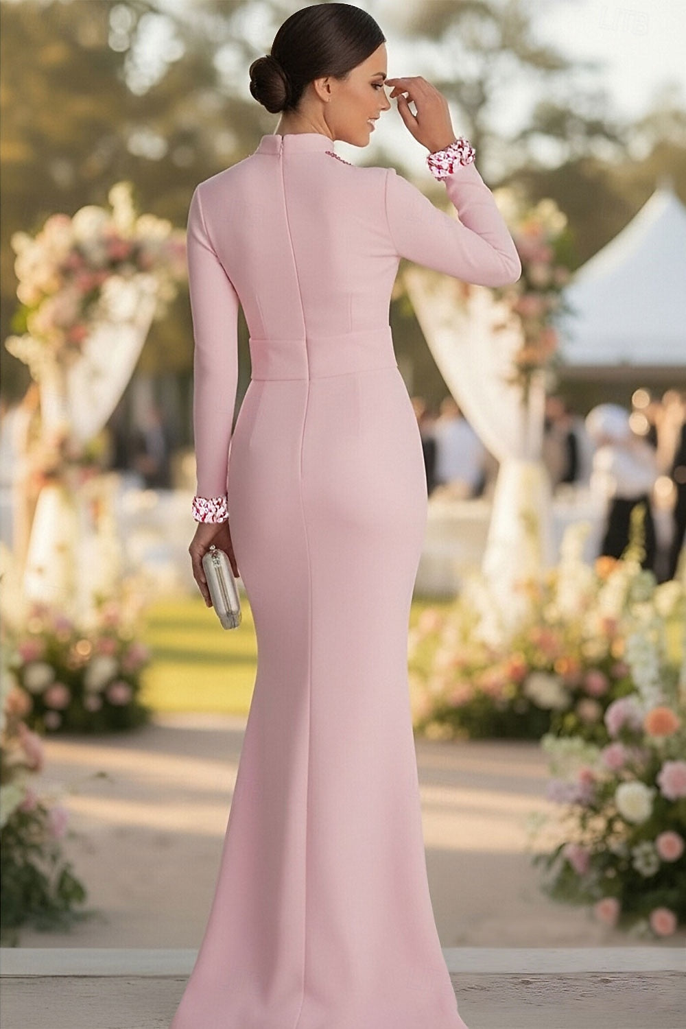 Pink Long Sleeve Sequins Mermaid Cut Outs Evening Dress