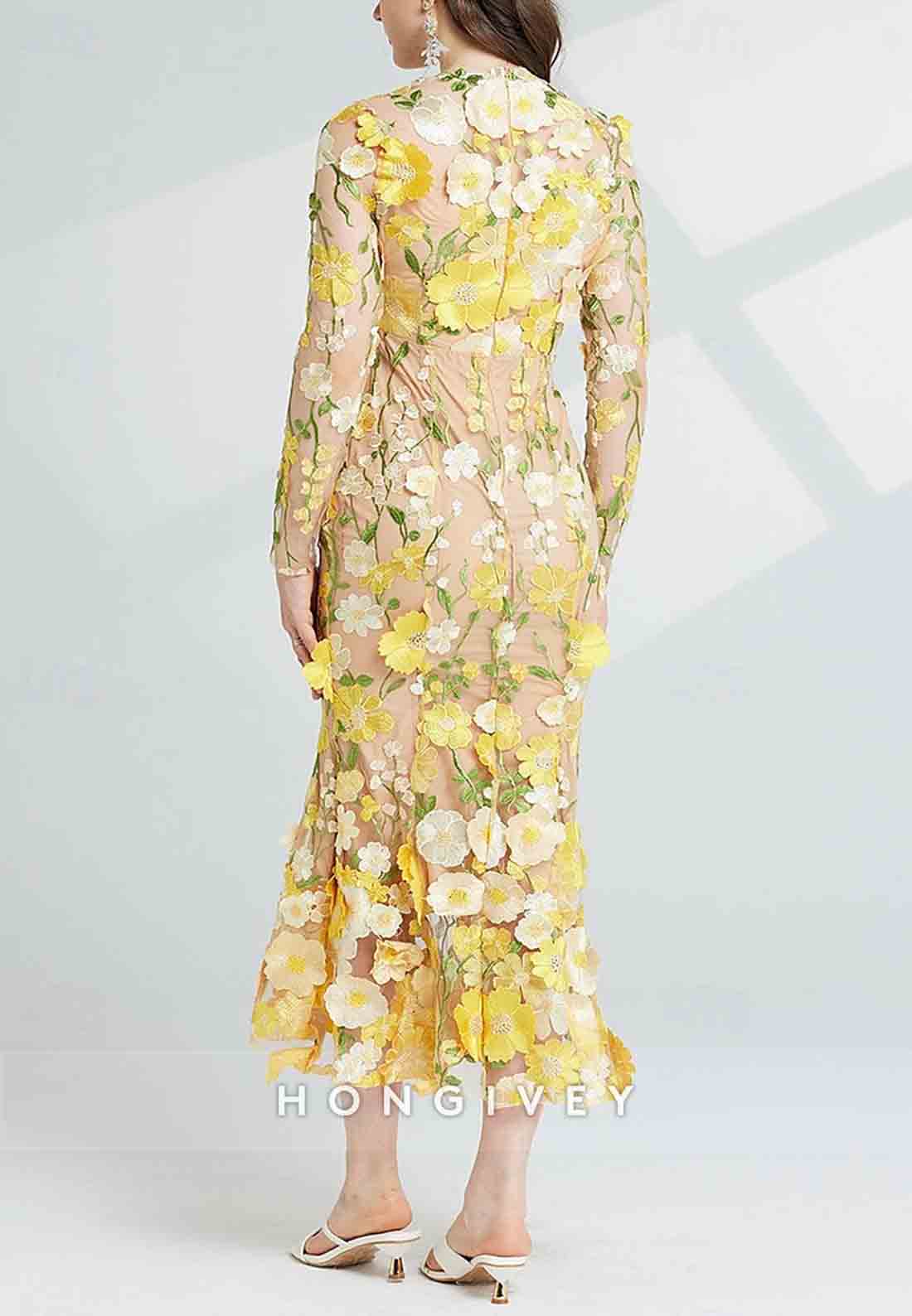 Ankle-Length Long Sleeve Flowers Tulle with Embroidery Vintage Wedding Guest Party Dresses