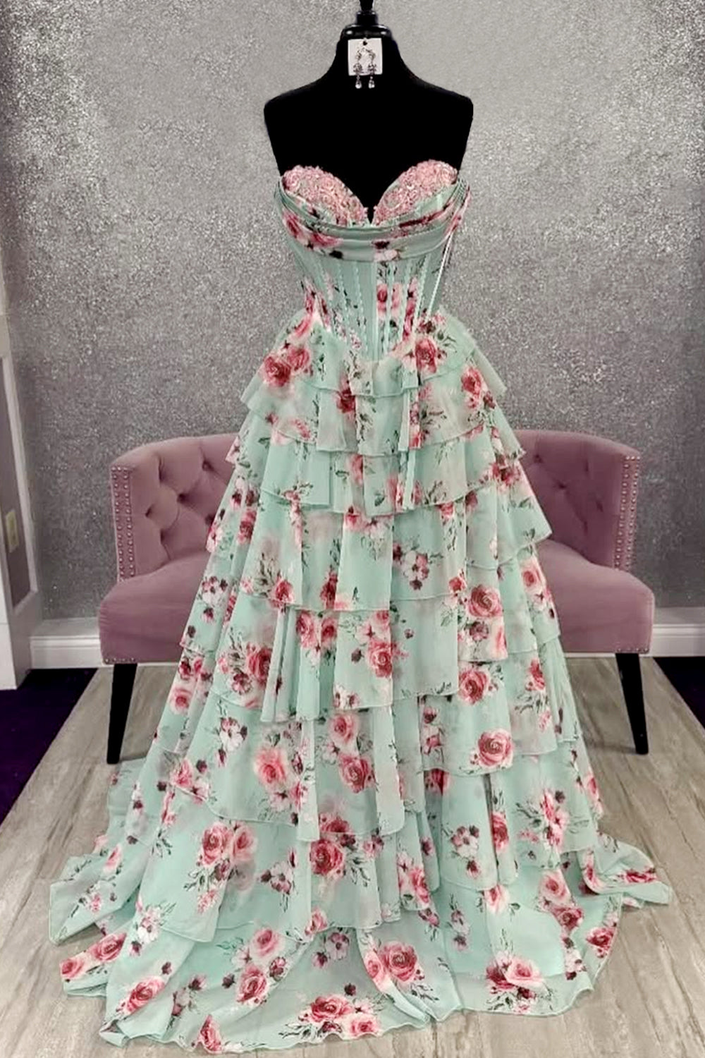 Mint Green Watercolor Floral Strapless Prom Dress with Sweetheart Tiered Chiffon Train