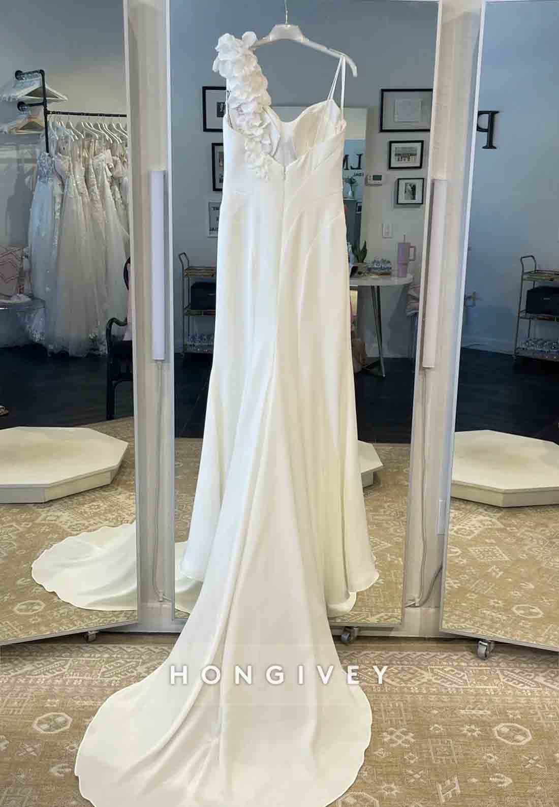 Spaghetti Straps Shoulder Flower Side Slit Pleated Low Back Wedding Dresses