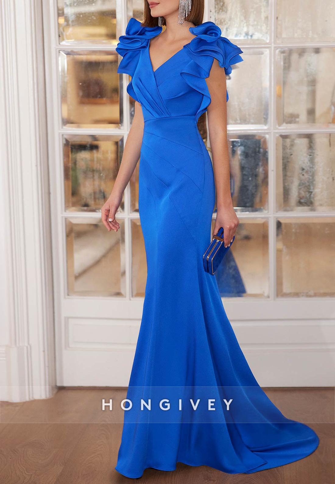 Trumpet Floor-Length Evening Gown V Neck Pleated Flounced Sleeve Mothe Trumpet Floor-Length Evening Gown V Neck Pleated Flounced Sleeve Mothe