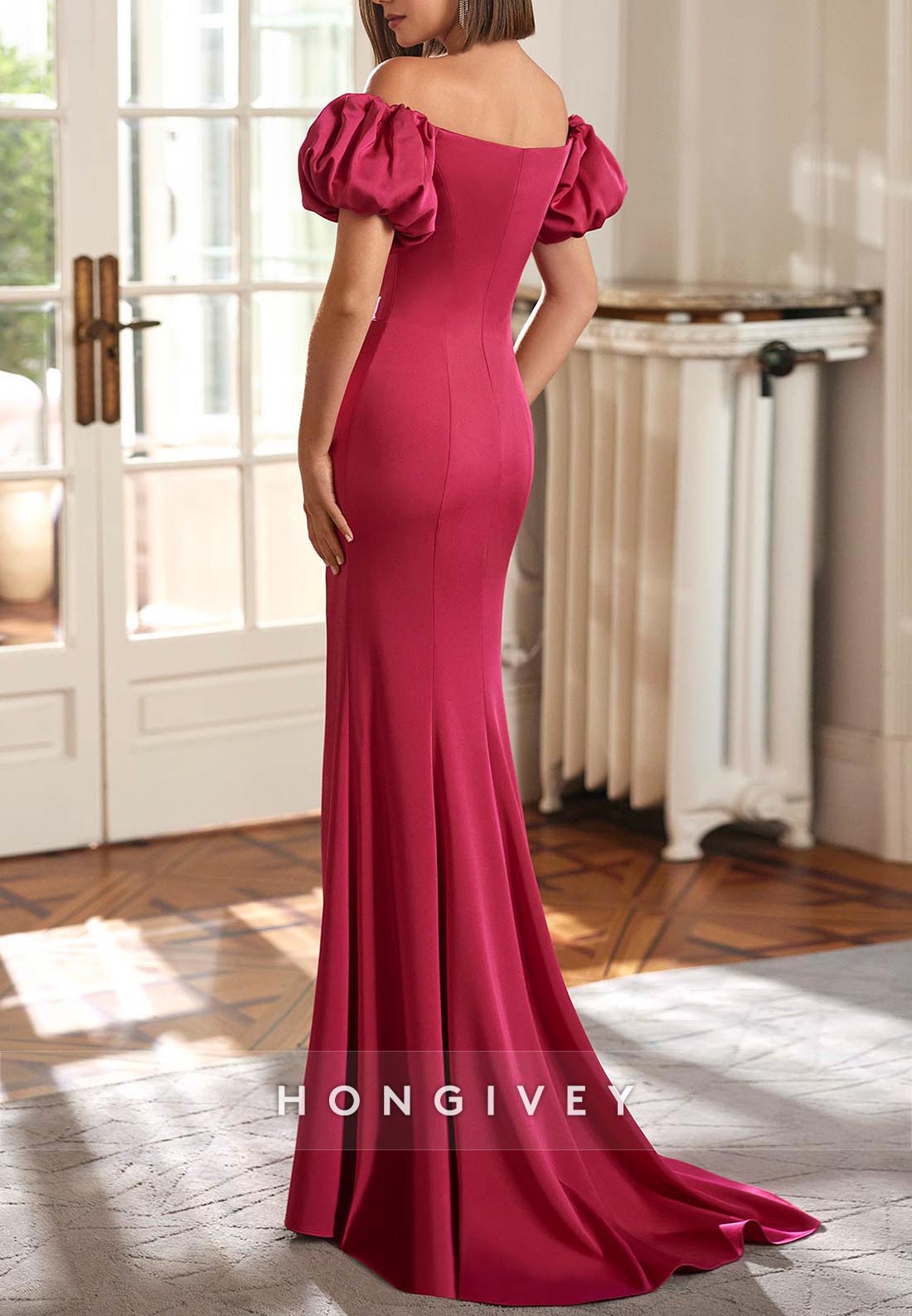 Appliques Lace Satin Off the Shoulder Evening Gown Side Slit Pleated Mother of the Bride