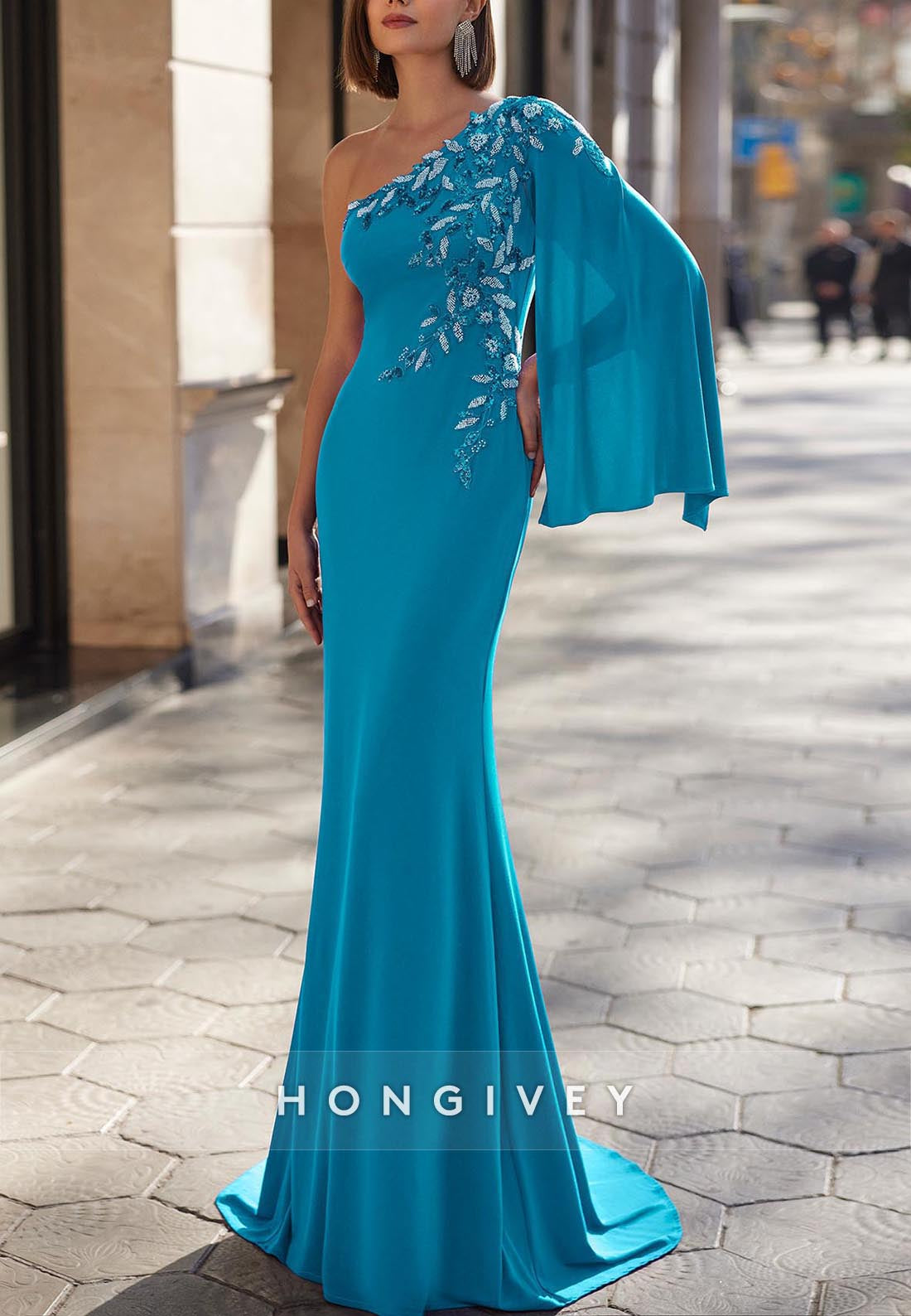 Long Evening Dress Stretch Crêpe Beadwork Bateau Neckline Shawl Trumpet