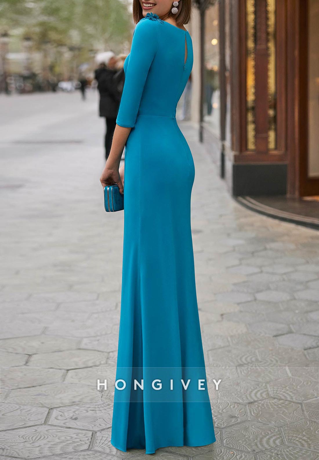 3/4 Sleeve Scoop Floor-Length Evening Gown Pleated Side Slit Shoulder Flower Mother of the Bride