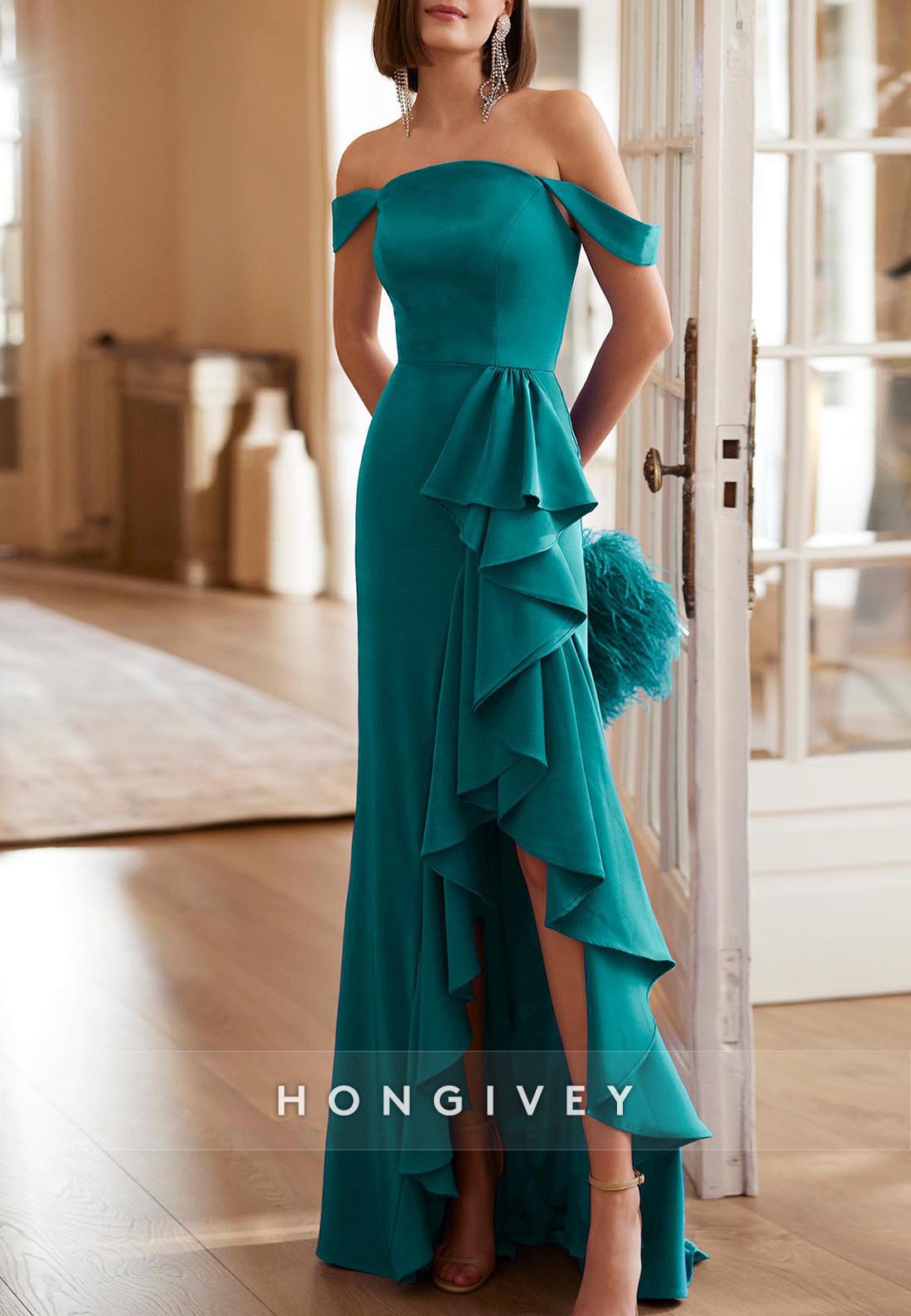 Royal Blue Ruffles Asymmetrical Mother of Bride Off the Shoulder Pleated Evening Gown