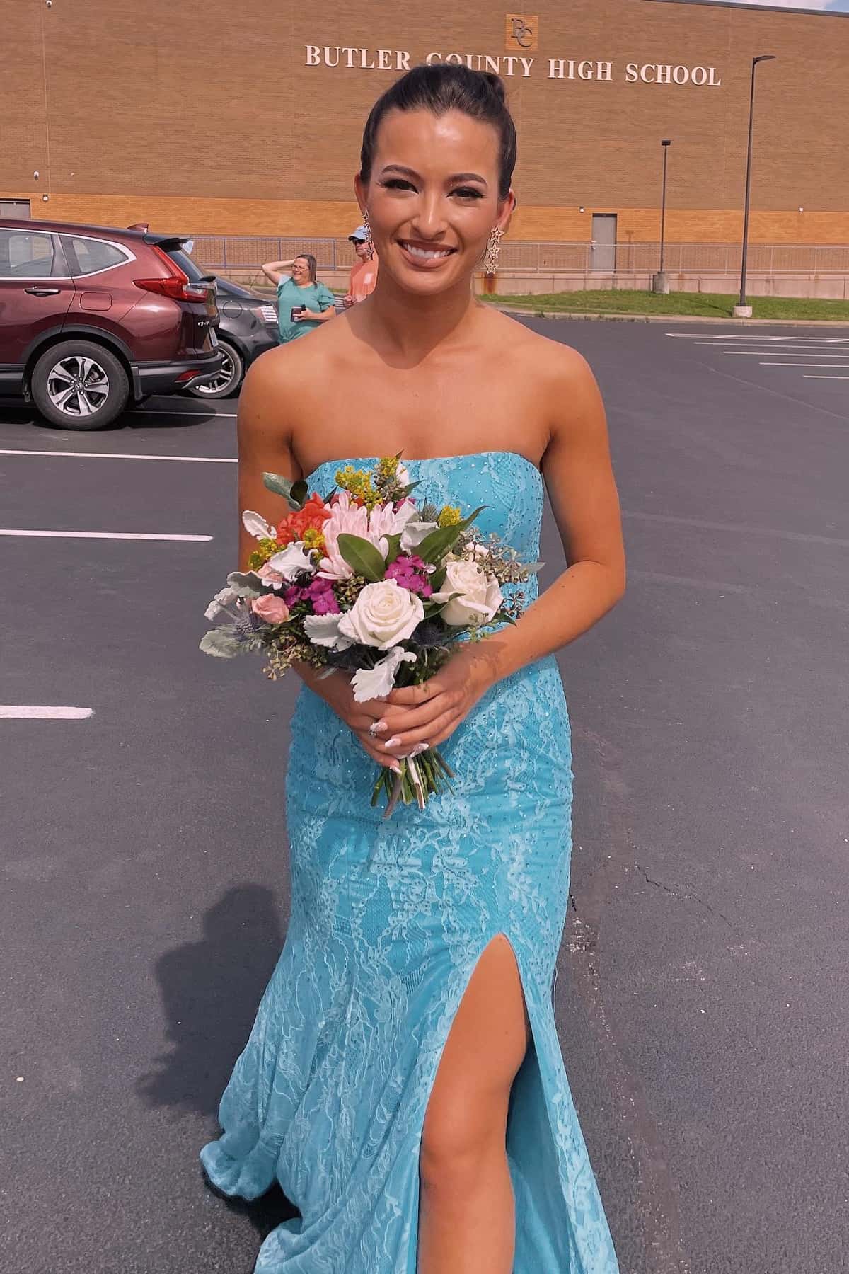 Modest Lace Strapless Empire Mermaid Party Prom Dress With Train