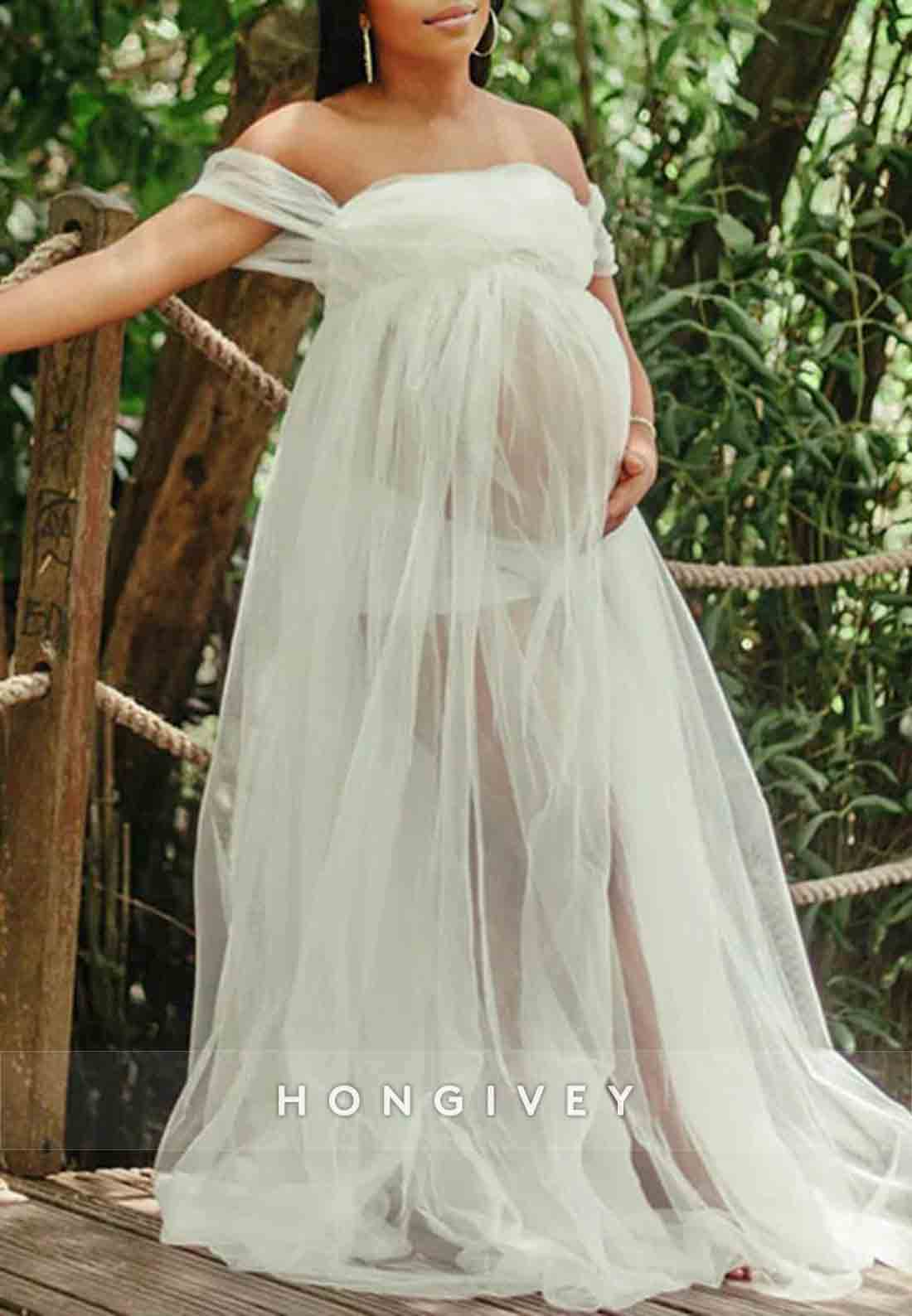 Tulle Sheer Photoshoot Maternity Wedding Dress Off the Shoulder A-Line Maxi Dress