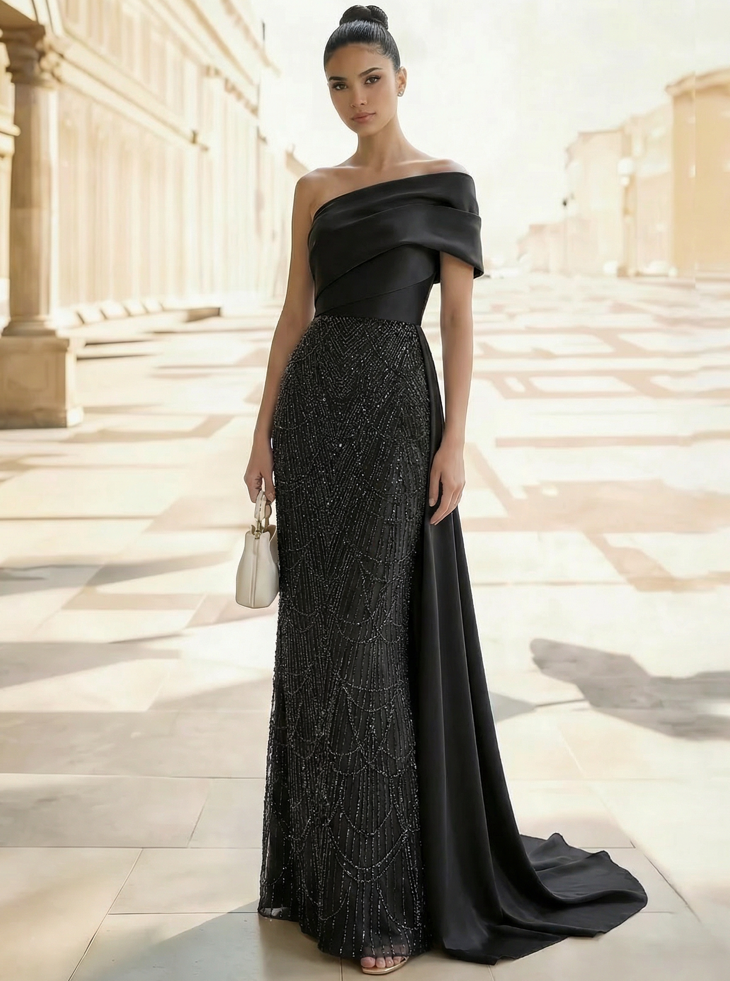 Sequins Sparkle Evening Dress Taffeta One-Shoulder Sleeveless Floor-Length With Back Bow
