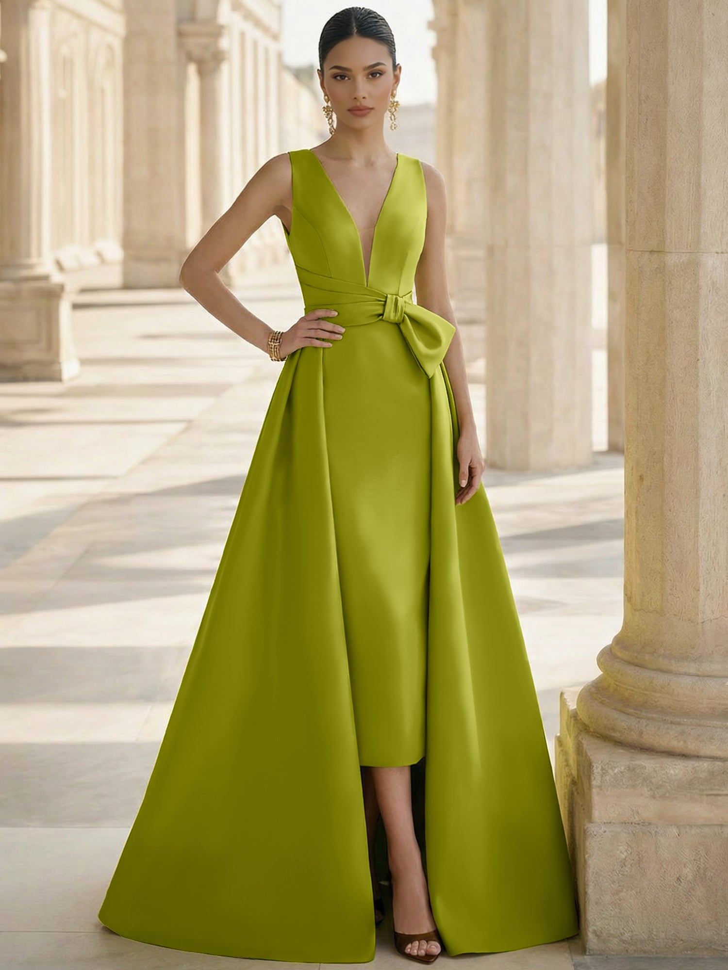 A-Line Formal Evening Dresses Satin Floor-Length Deep V-Neck Elegant Formal Evening Gown With Waistband&Overskirt