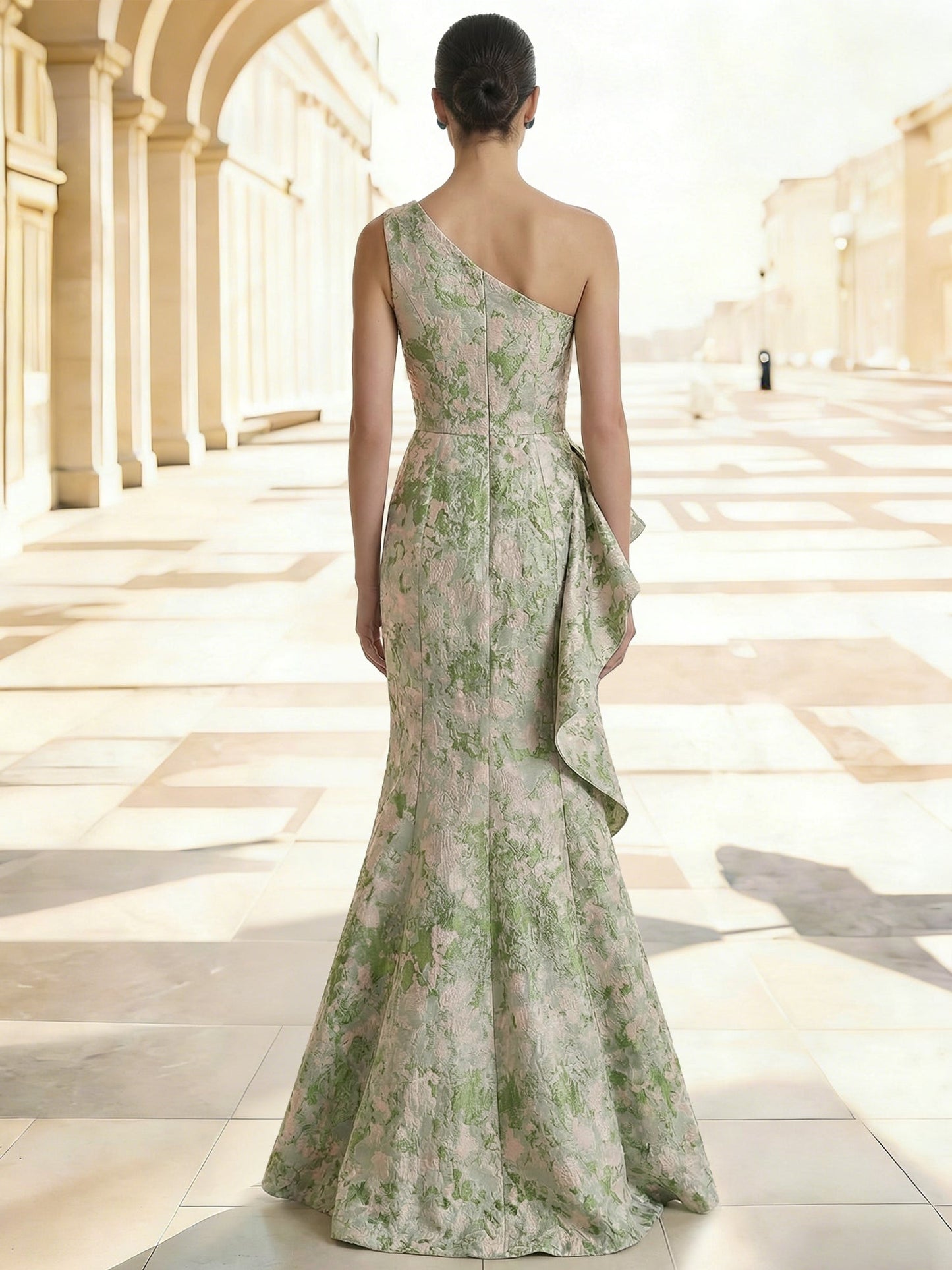 Evening Gown Elegant Jacquard Floral Dress Prom Floor Length Sleeveless One Shoulder Ruffle with Slid Split Green Wedding Guest Dress