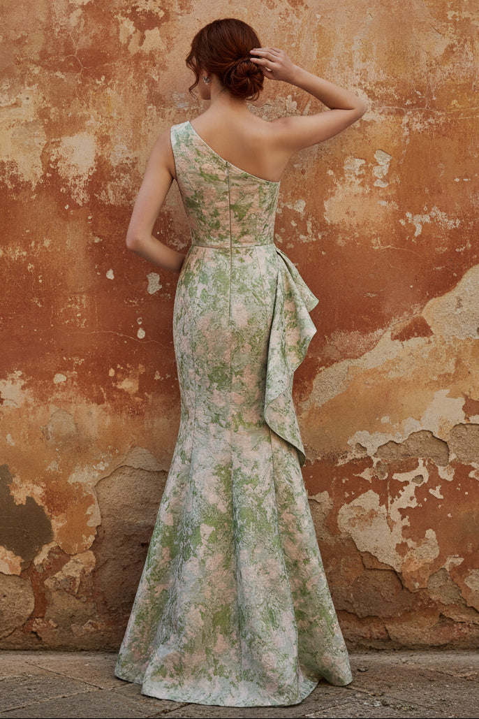 Evening Gown Elegant Jacquard Floral Dress Prom Floor Length Sleeveless One Shoulder Ruffle with Slid Split Green Wedding Guest Dress