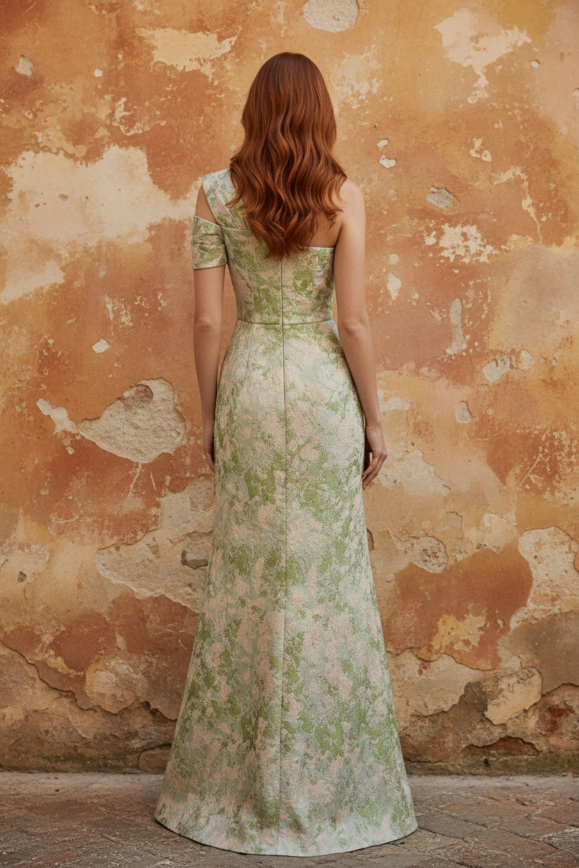 A-Line Evening Gown Elegant Jacquard Floral Dress Prom Floor Length Sleeveless One Shoulder with Slit Pocket Sage Wedding Guest Dress Keyhole