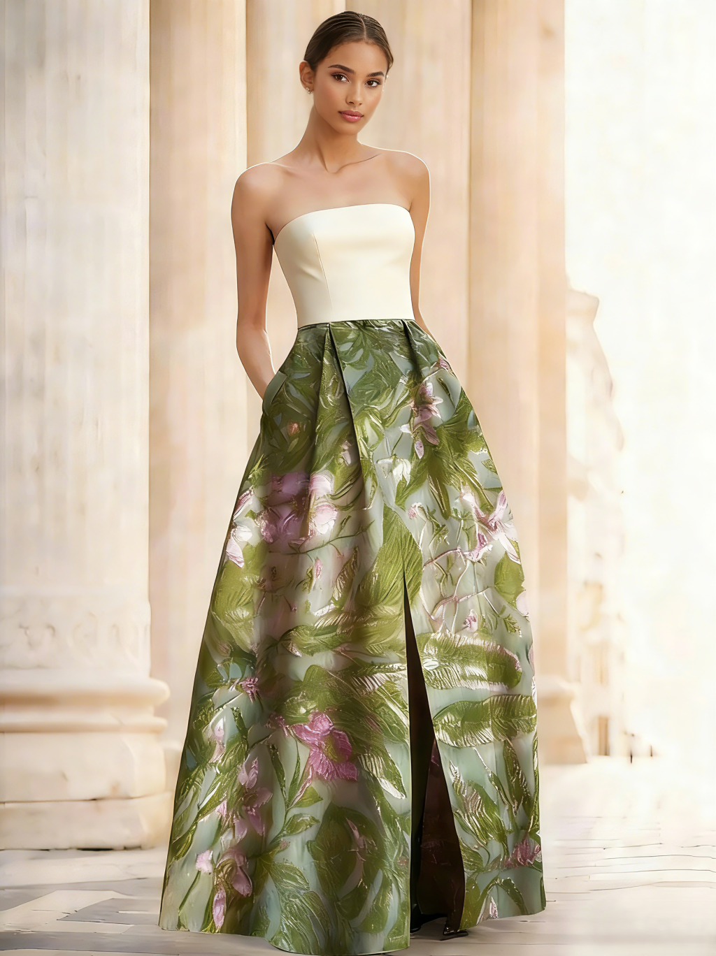 Elegant Evening Dress Jacquard Floral Dress Strapless Elegant Dress Floor Length Pockets