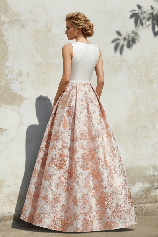 A-Line Evening Gown Elegant Jacquard Floral Dress Floor Length Sleeveless V Neck with Slit Pocket Dusty Blue Wedding Guest Dress