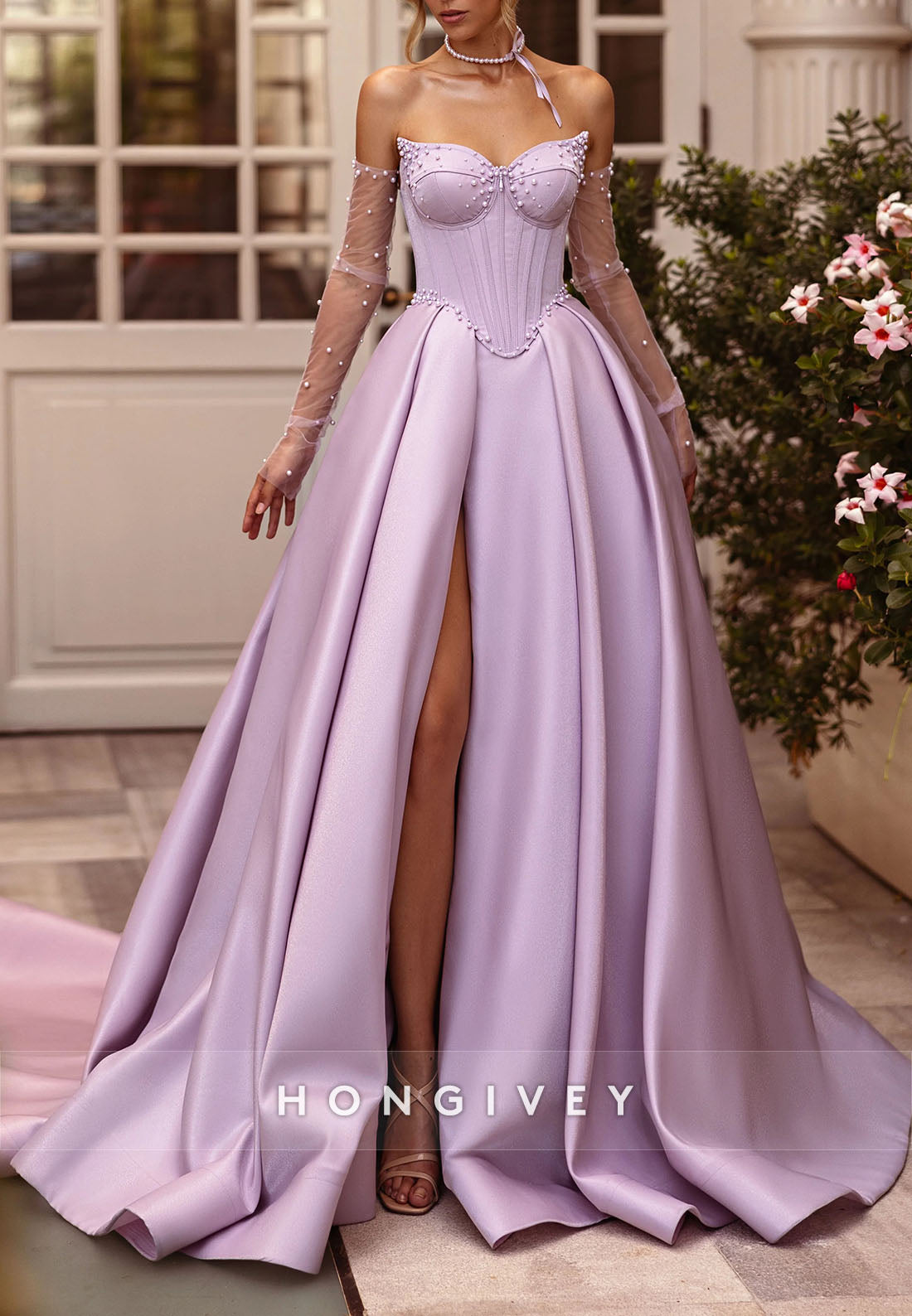 Lilac Satin High Slit Strapless Court Train Princess Evening Gowns with Pearls