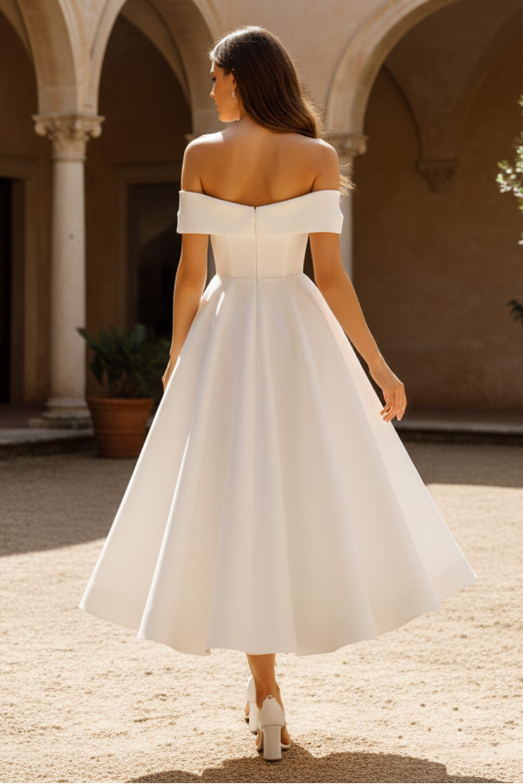 Short Off-Shoulder A-Line Satin Wedding Dress Midi Dresses HONGIVEY