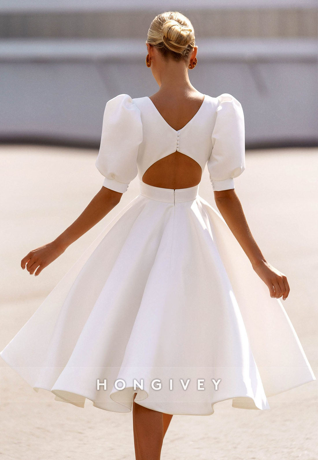 Back Hole Half Sleeve Ball Gown Pleated Tea-Length Wedding Dresses