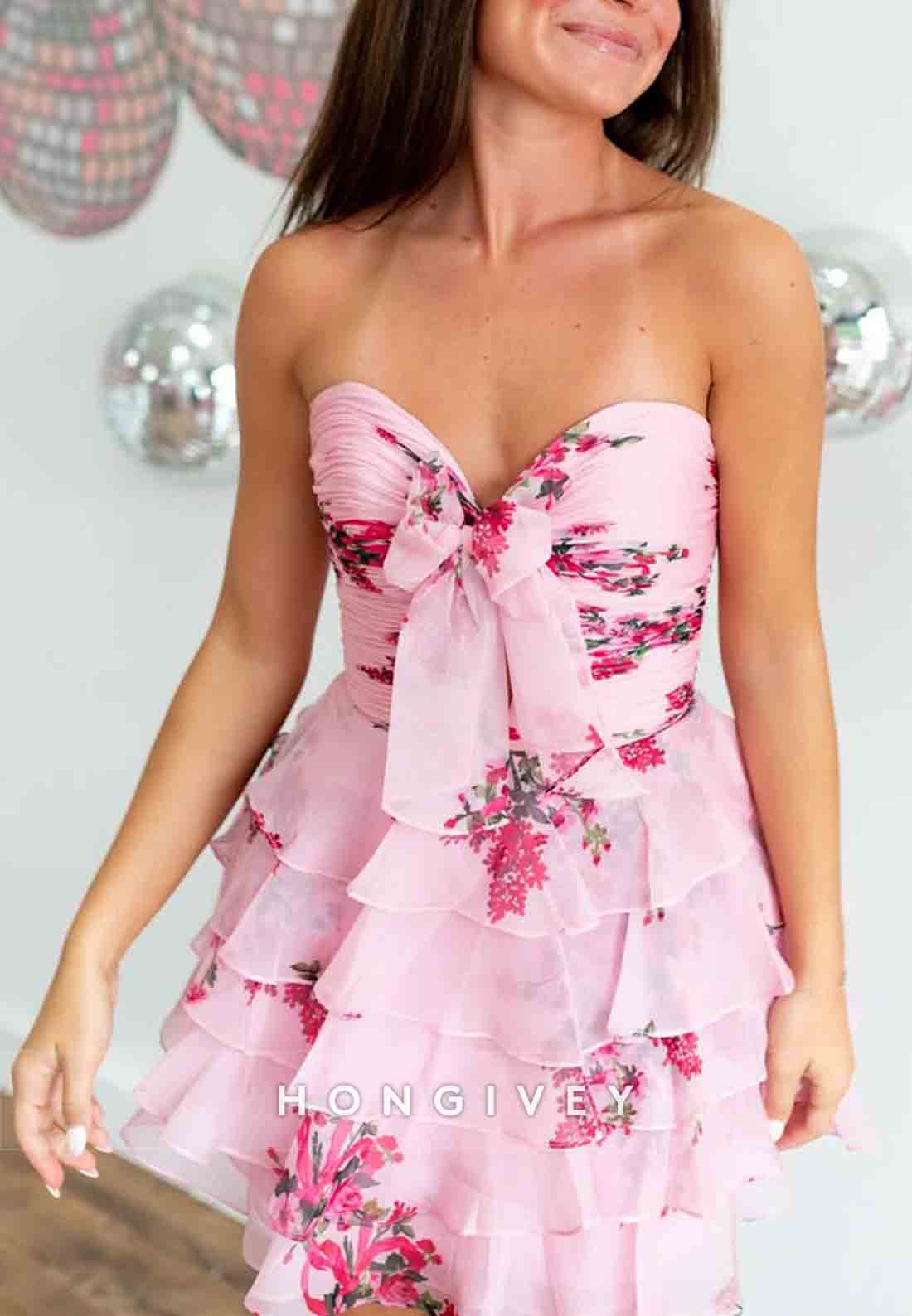 Sweetheart Bowknot A-Line Floral Print Pleated Short Homecoming Dresses