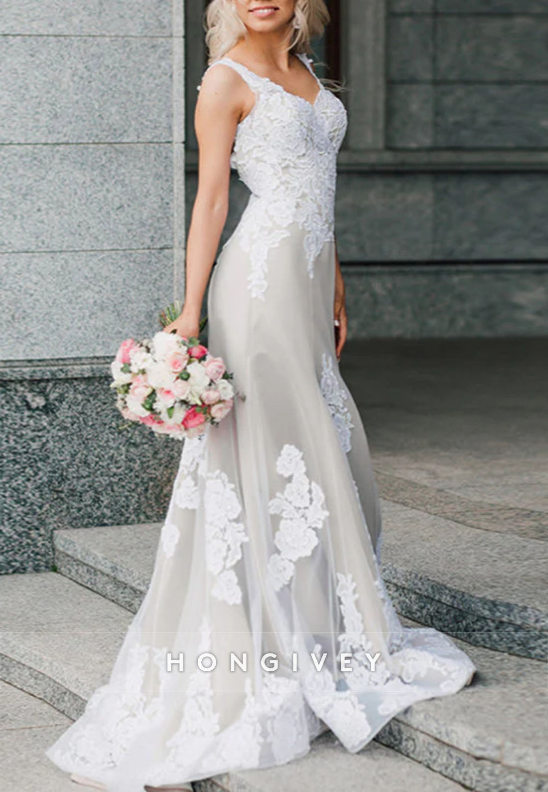 Nude Champagne Lace Sleeveless Wedding Dress Mermaid Bridal Gowns