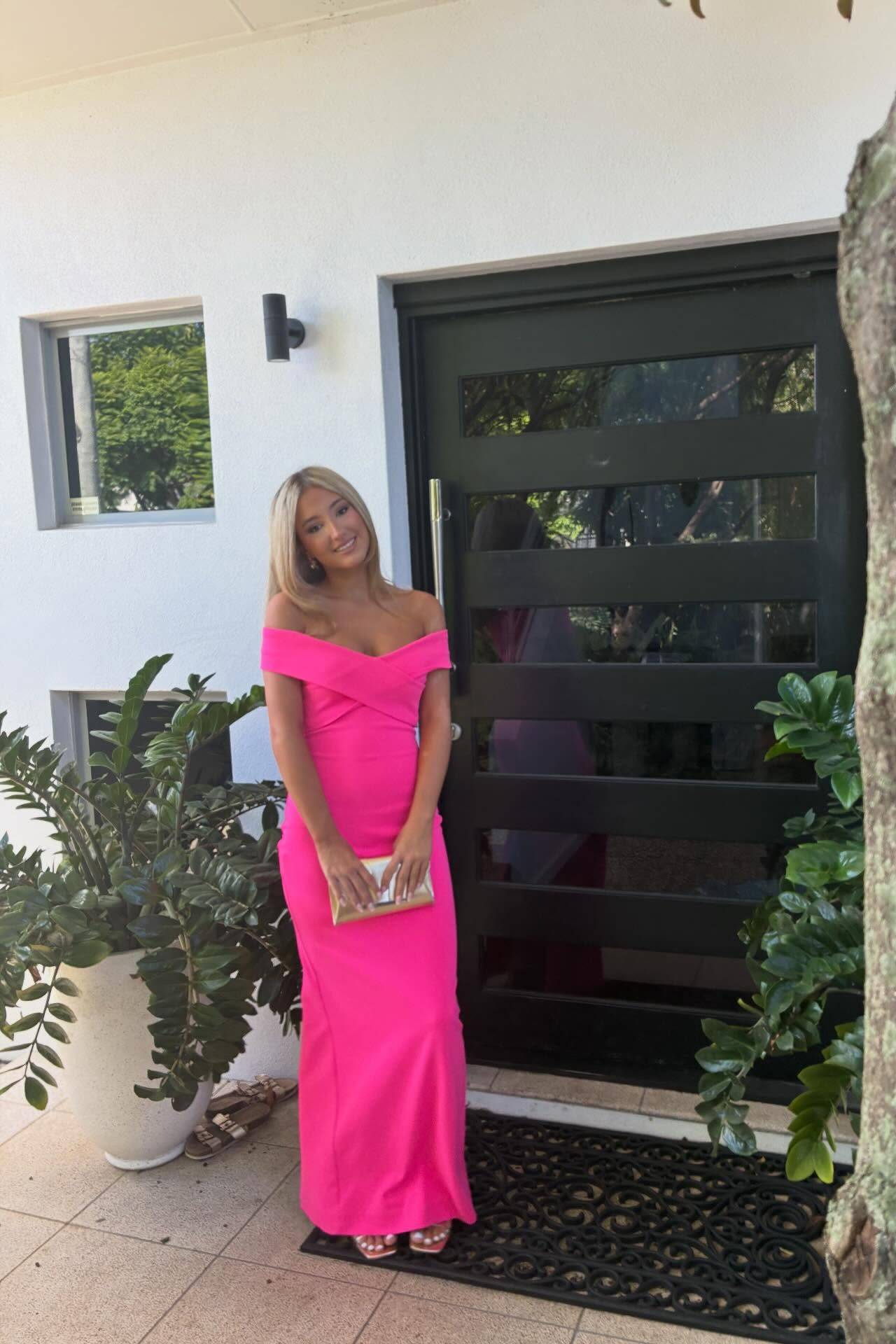 Off the Shoulder Hot Pink Sheath Long Dress