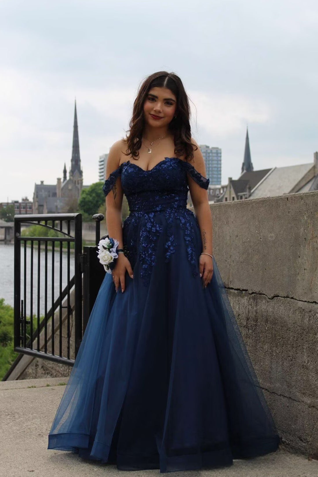 Off the Shoulder Navy Blue Appliques A-line Long Dress