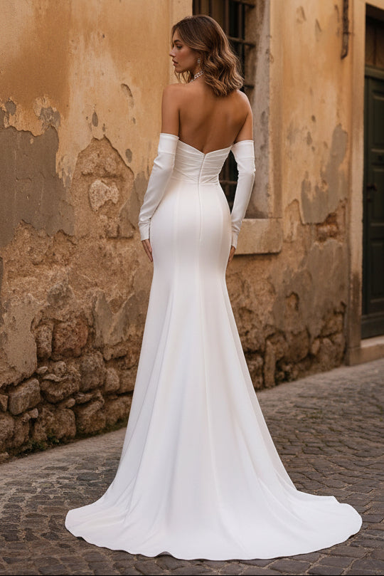 Sexy Simple Long Sleeves Strapless With Train And Slit Wedding Dress