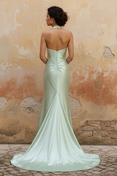 Halter V-Neck Pleated Prom Dress: PromGirl Exclusive