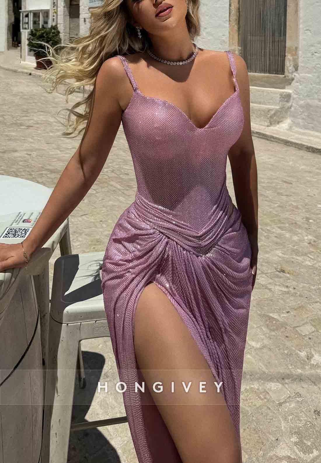 High Slit Pleated Spaghetti Straps Column Glitter Prom Dresses