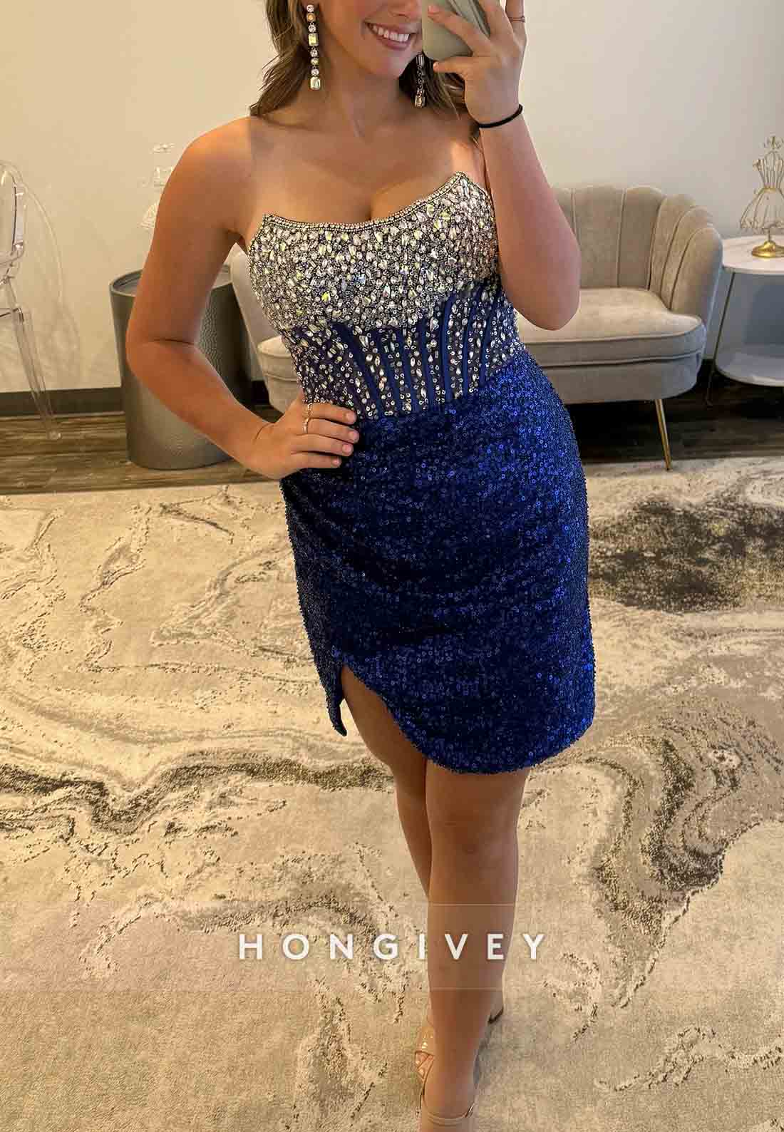 Sheath Side Slit Strapless Low Back Pleated Rhinestone Mini Homecoming Dresses