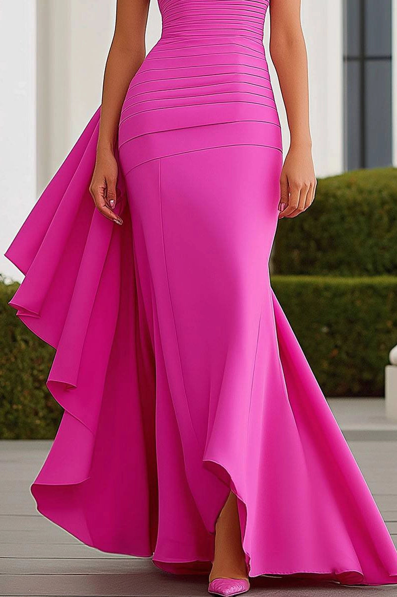 Party Strapless Mermaid Dress Fuchsia Tube Top Pleated Maxi Dress