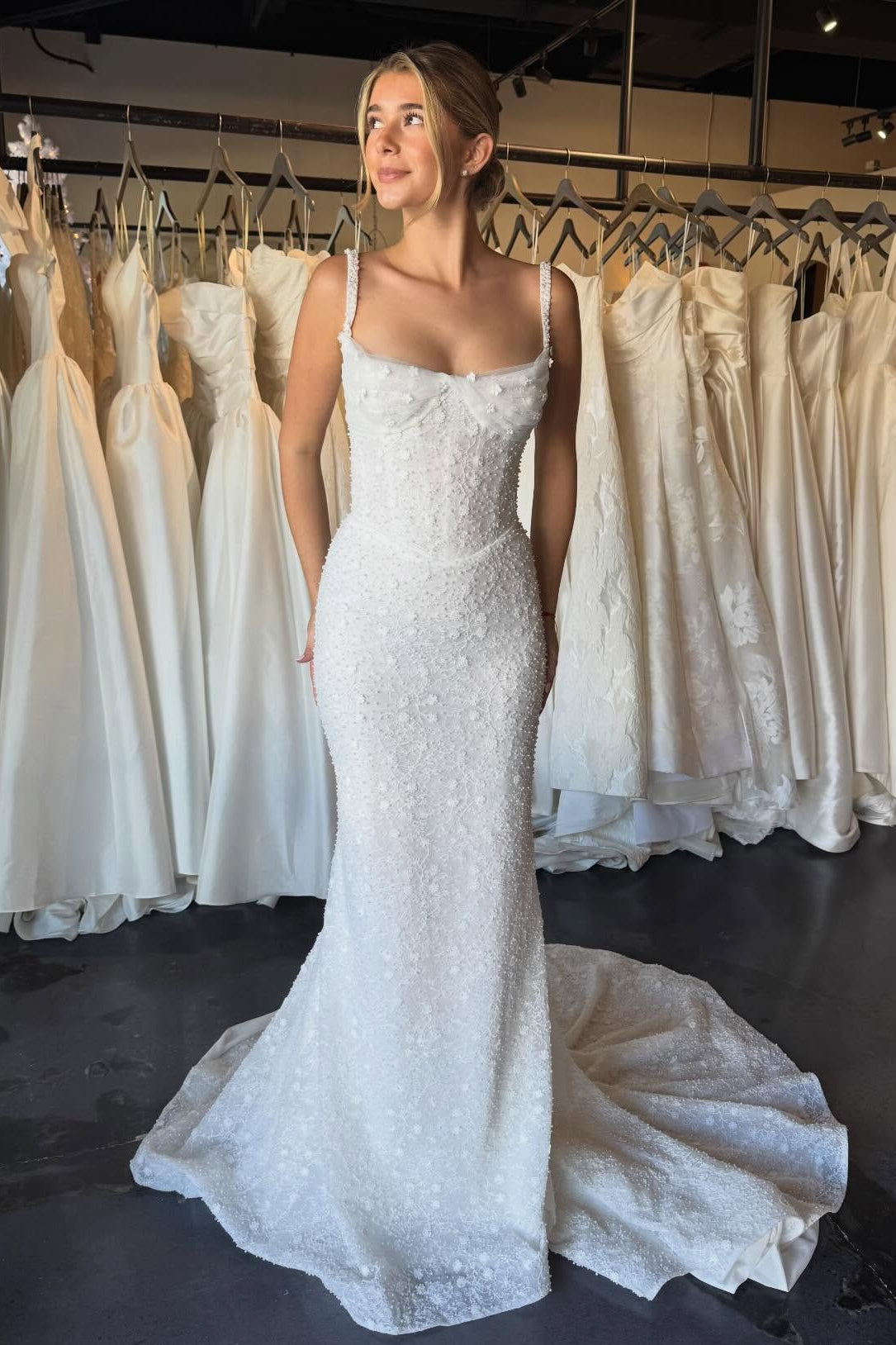 square neck mermaid wedding dress Spaghetti Straps Sleeveless Sparkle Flowers Weddin Yes Waistline Size:8X Topping Annhoo Wedding Guest Dresses