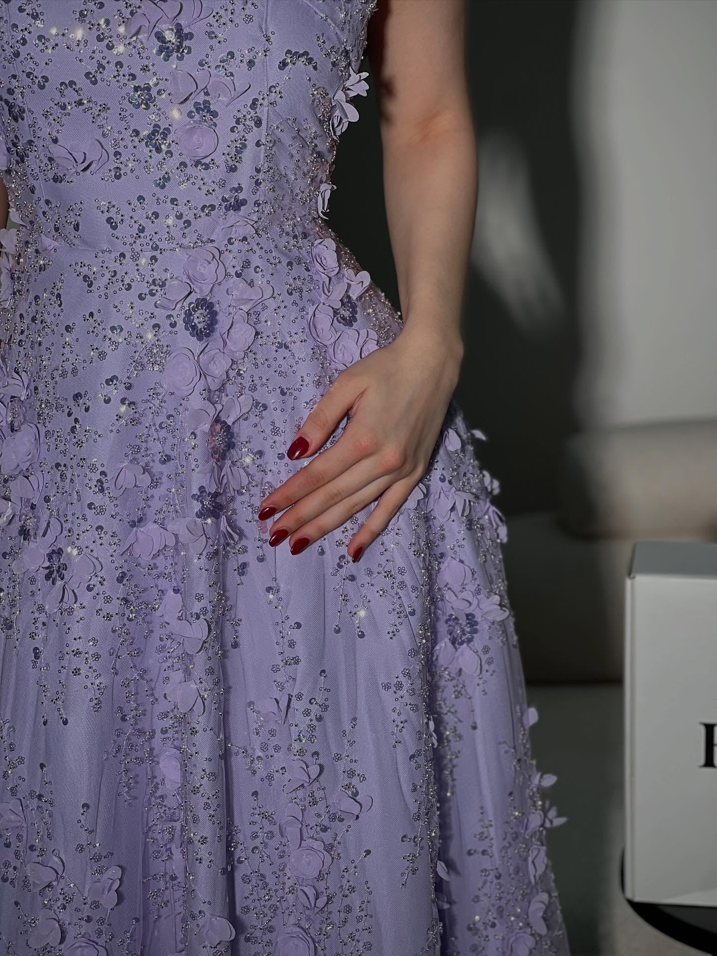 Lace Applique Purple Strapless Sleeveless A-Line Ankle-Length Flowers Evening Dress