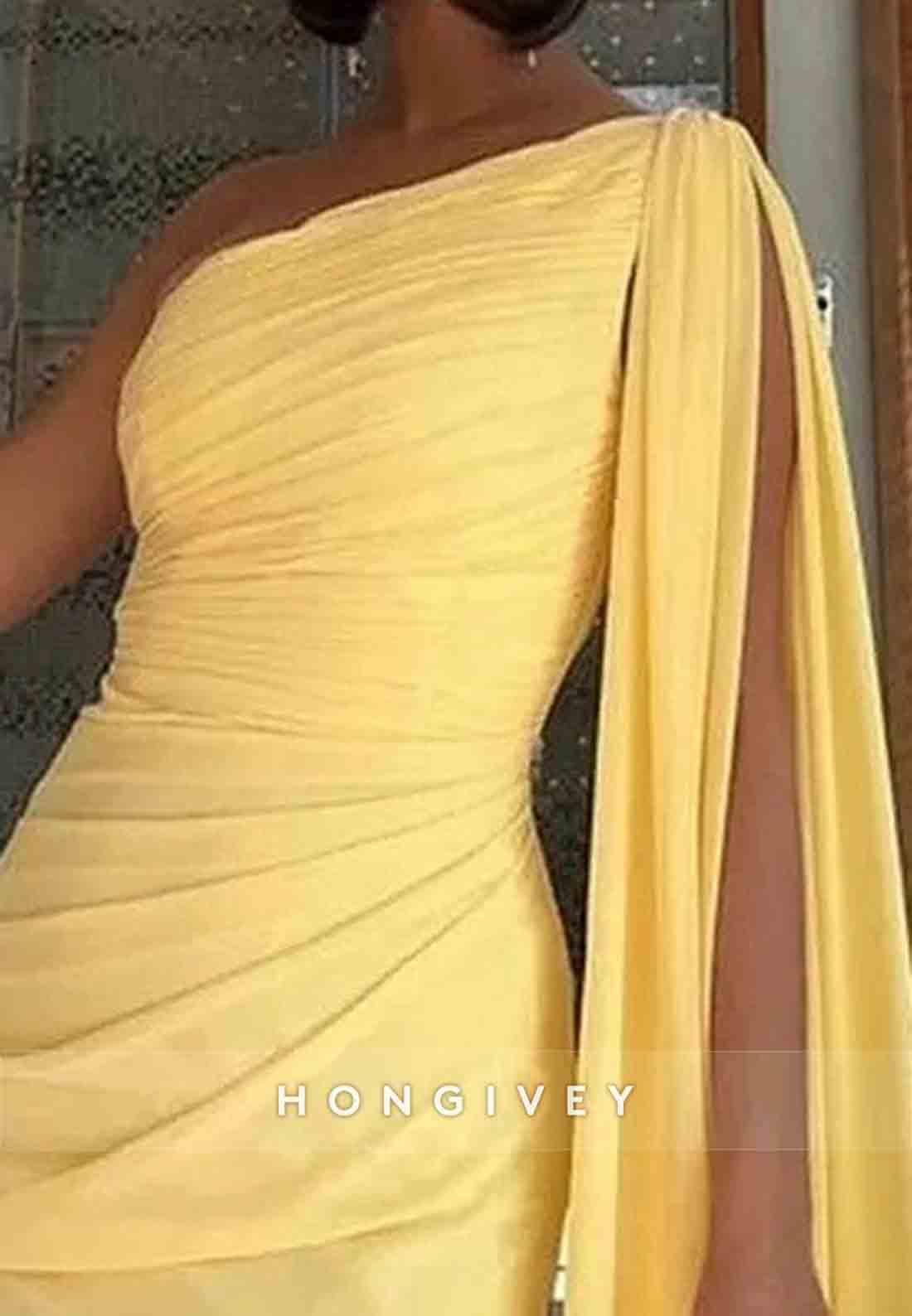 Pleated Side Draping Column Floor-Length One Shoulder Evening Gown
